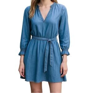 Cloth & Stone Denim Shirt Dress Blue Belted V Neck Long Sleeve Size M